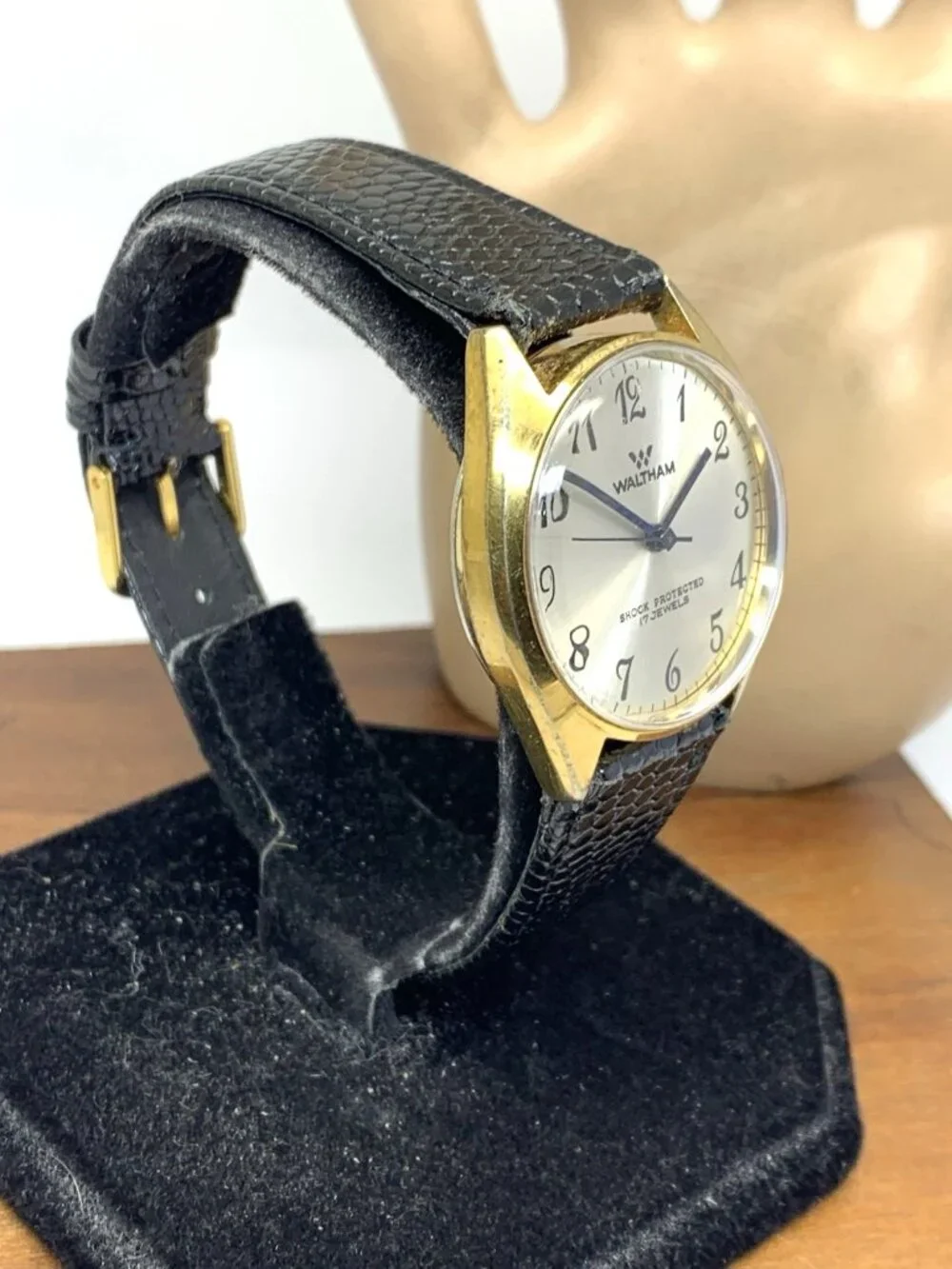 Waltham Men's Watch Vintage Manual Wind Silver Dial Black Leather Strap 34mm